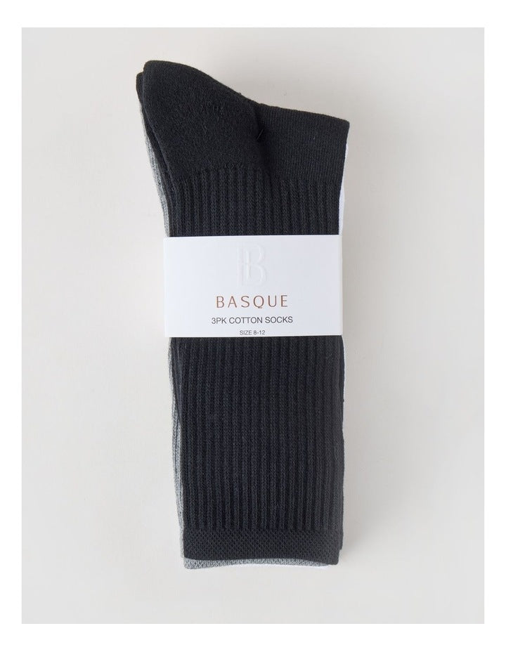3 Pack Sports Crew Socks in Black, Grey, & White.