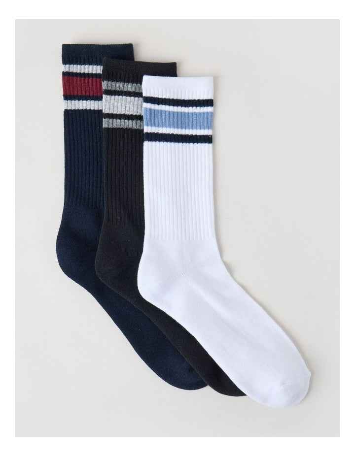 3 Pack Sports Crew Socks in Multi Stripe