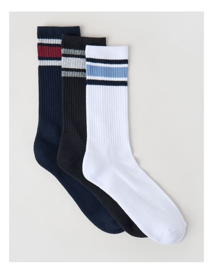 3 Pack Sports Crew Socks in Multi Stripe