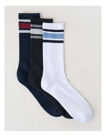 3 Pack Sports Crew Socks in Multi Stripe