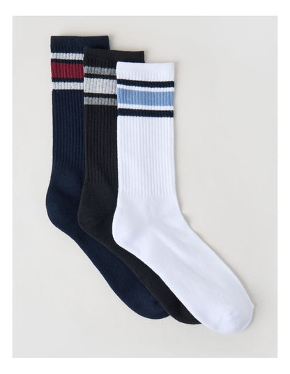3 Pack Sports Crew Socks in Multi Stripe