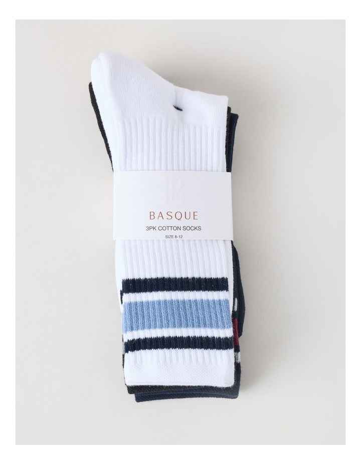 3 Pack Sports Crew Socks in Multi Stripe