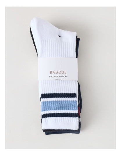 3 Pack Sports Crew Socks in Multi Stripe