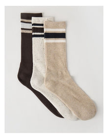 3 Pack Sports Crew Socks in Oat & Pumice Stripe