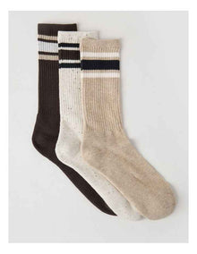 3 Pack Sports Crew Socks in Oat & Pumice Stripe