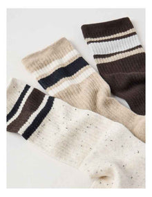3 Pack Sports Crew Socks in Oat & Pumice Stripe