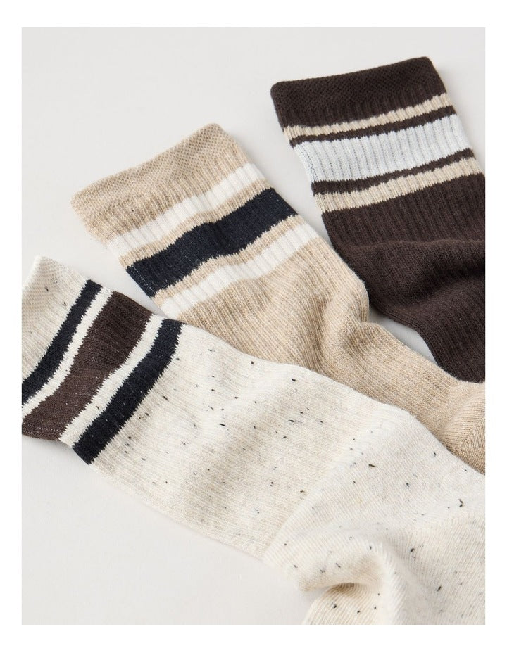 3 Pack Sports Crew Socks in Oat & Pumice Stripe