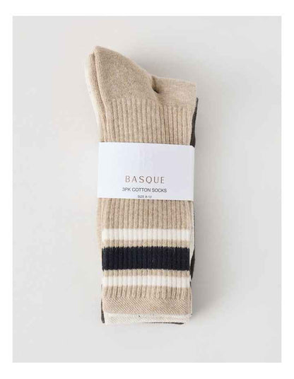 3 Pack Sports Crew Socks in Oat & Pumice Stripe