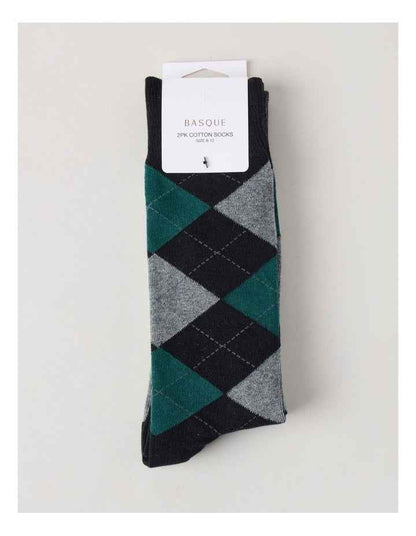 2 Pack Argyle Socks in Black & Green