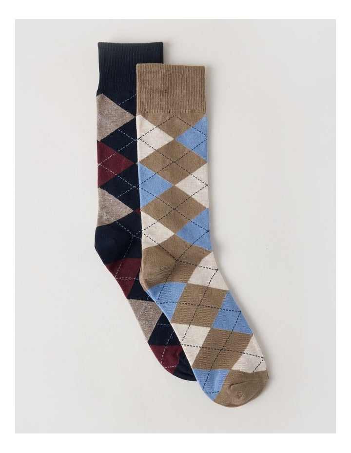 2 Pack Argyle Socks in Navy & Burnt Honey