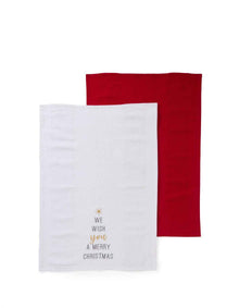 OH CHRISTMAS TREE YARN DYE COTTON EBROIDERED TEA TOWEL S/2