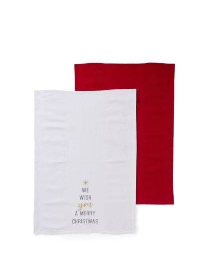 OH CHRISTMAS TREE YARN DYE COTTON EBROIDERED TEA TOWEL S/2
