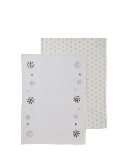 SNOWFLAKE SILVER LUREX EMMBROIDERED TEA TOWEL S/2