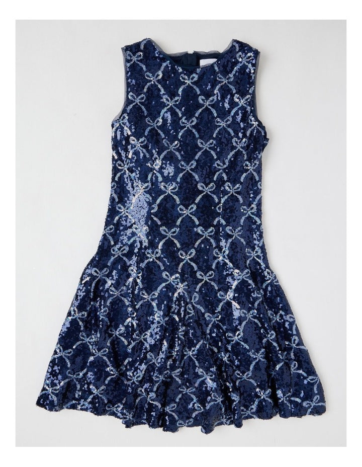 Elenor Bow Dress with Godet Inserts in Navy