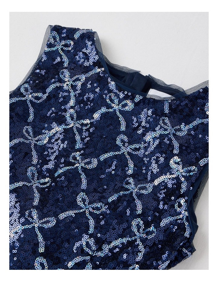 Elenor Bow Dress with Godet Inserts in Navy
