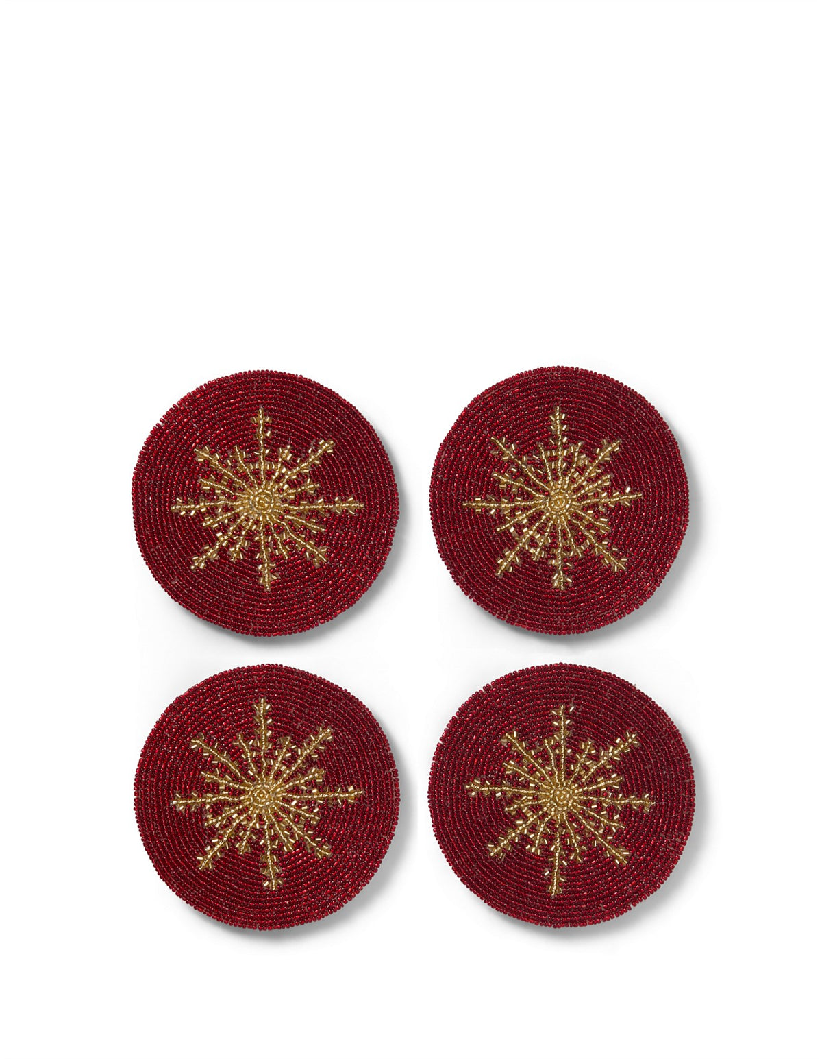 10CM RED BEADED COASTER WITH GOLD SNOWFLAKE SET OF 4