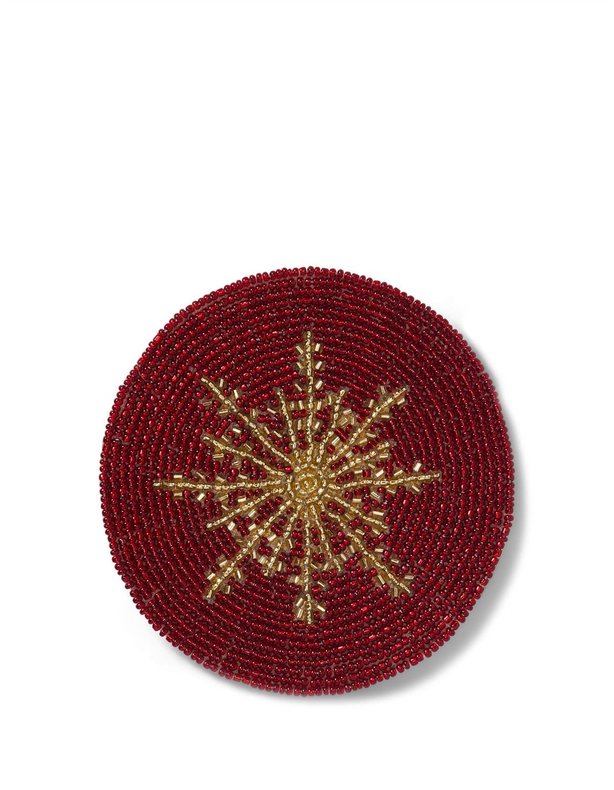 10CM RED BEADED COASTER WITH GOLD SNOWFLAKE SET OF 4