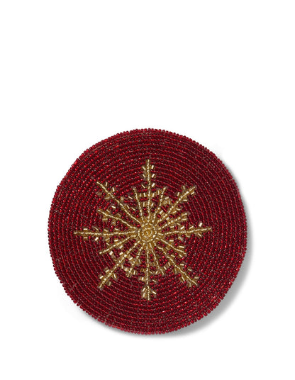 10CM RED BEADED COASTER WITH GOLD SNOWFLAKE SET OF 4