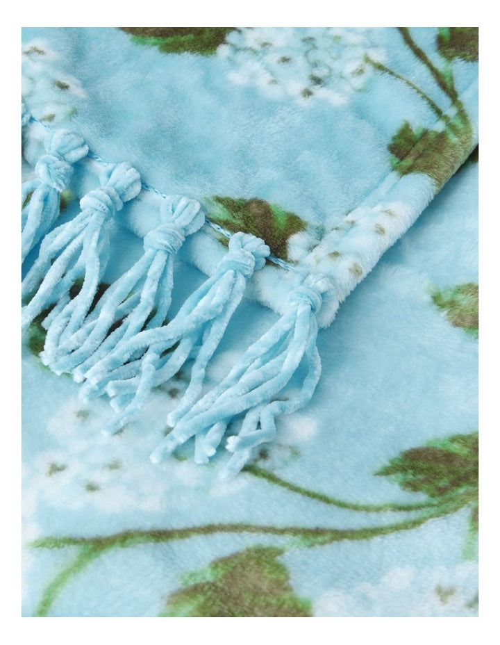 Chenille Fringe Blanket in Blue Floral Print