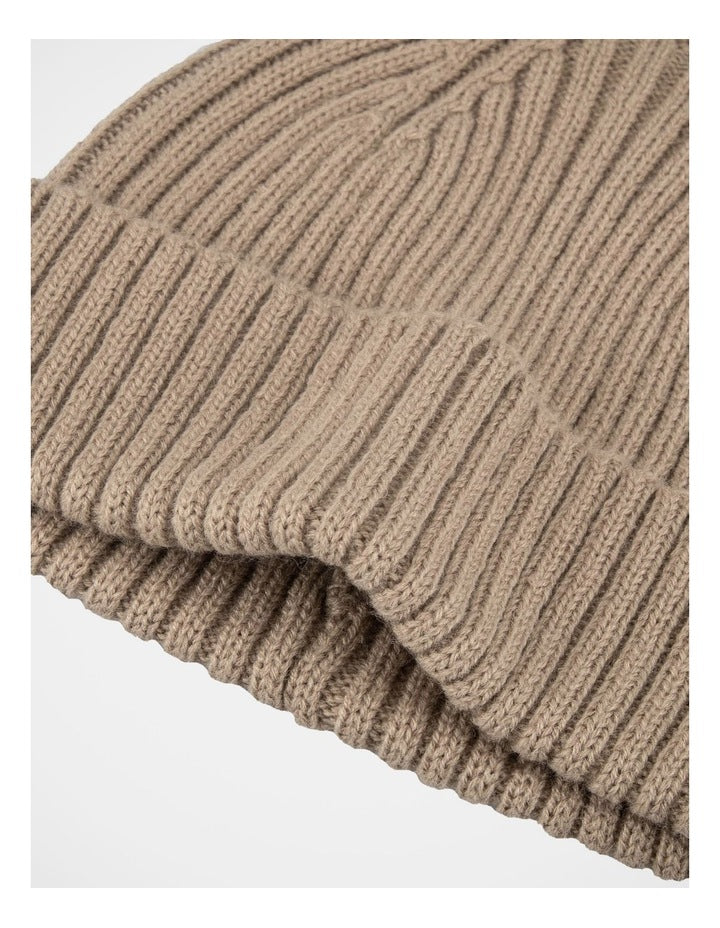 Double Rib Knit Wool Beanie  Winter Accessory Beige