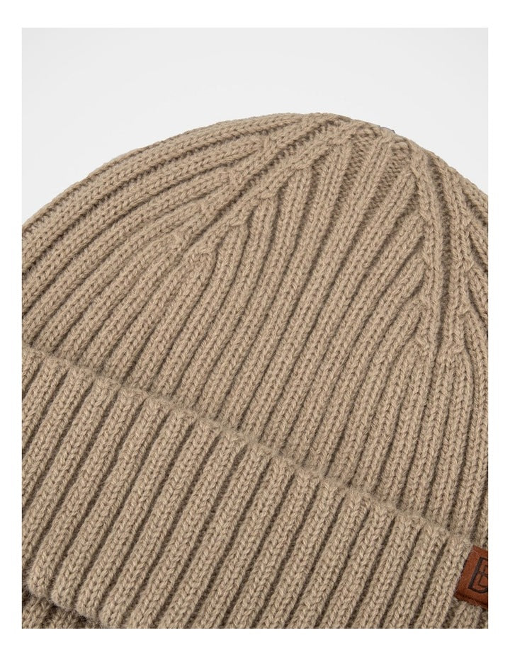 Double Rib Knit Wool Beanie  Winter Accessory Beige