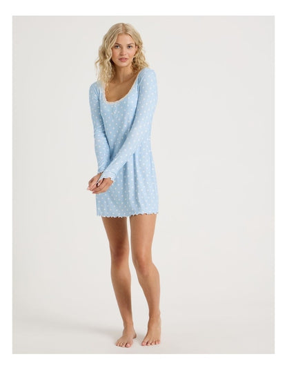 Lola Fluted Pointelle Long Sleeve Chemise in Sky Blue Spot Print