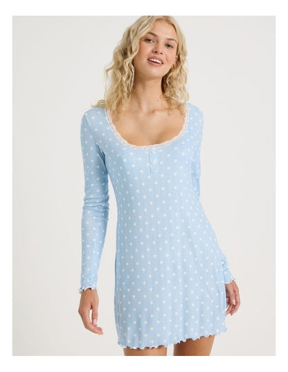 Lola Fluted Pointelle Long Sleeve Chemise in Sky Blue Spot Print