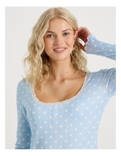 Lola Fluted Pointelle Long Sleeve Chemise in Sky Blue Spot Print