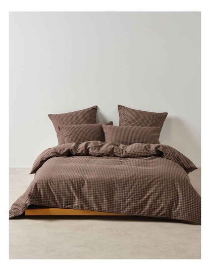 Volley Check Cotton Percale Quilt Cover Set in Chocolate