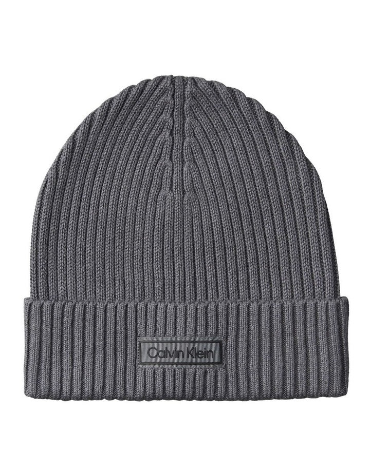 Patch Chunky Rib Cotton Beanie Hat in Iron Gate