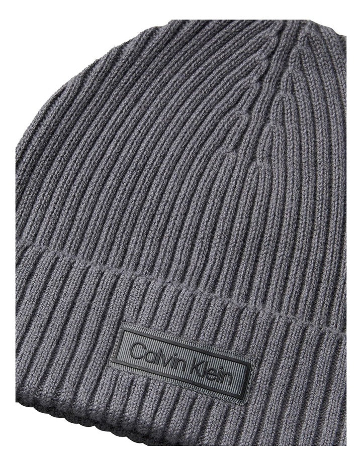 Patch Chunky Rib Cotton Beanie Hat in Iron Gate