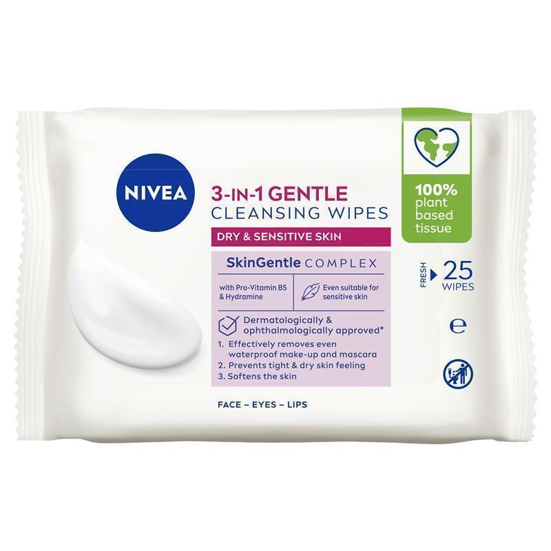 NIVEA 3in1 Gentle Cleansing Dry & Sensitive Skin Wipes 25 Pack