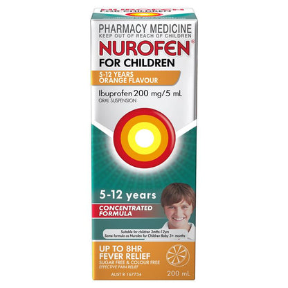 Nurofen For Children 5-12yrs Pain and Fever Relief Concentrated Liquid 200mg/5mL Ibuprofen Orange 200mL
