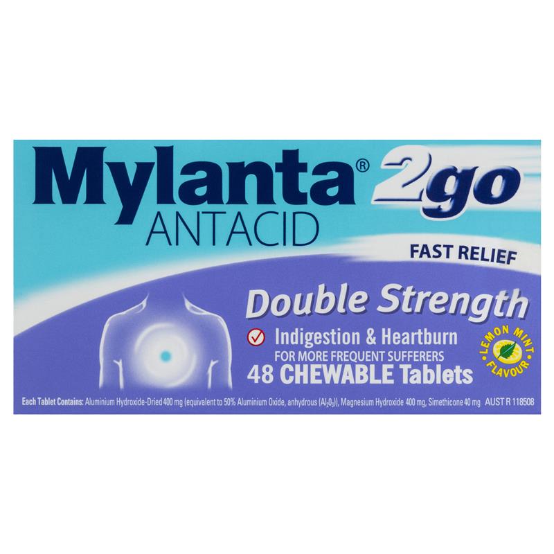 Mylanta 2Go Antacid Double Strength Tablets Lemon Mint 48 Pack