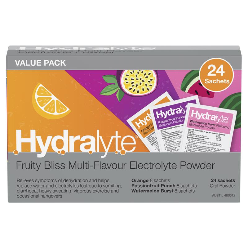 Hydralyte Electrolyte Fruity Bliss Multi Flavour Sachets 24 Value Pack