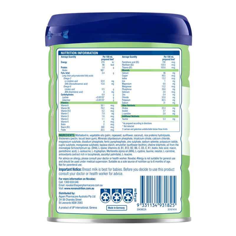 Novalac Allergy Rice Based Infant Formula 0-12 Months 800g New Formula