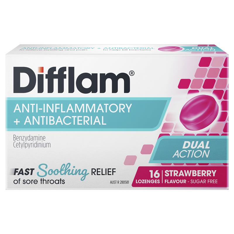 Difflam Sore Throat Sugar Free Strawberry 16 Lozenges