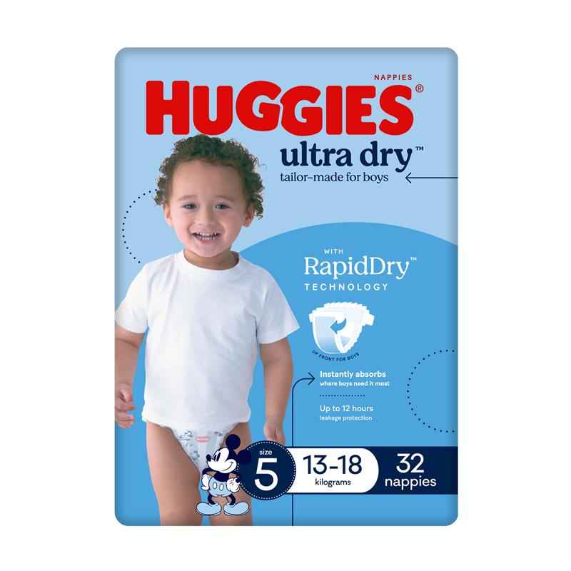 Huggies Ultra Dry Nappies Size 5 Boy 13-18kg Bulk 32 Pack