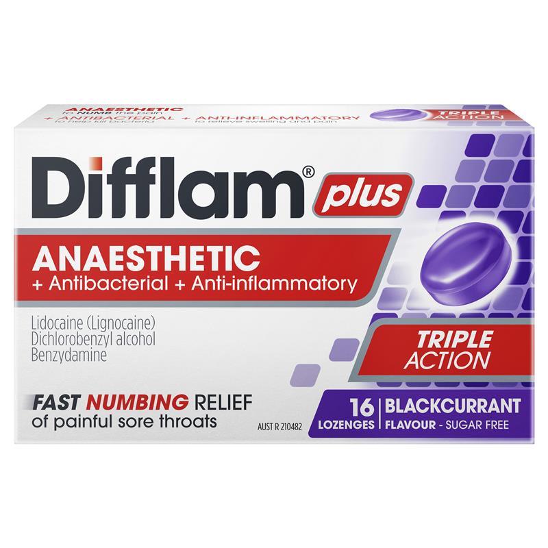 Difflam Plus Anaesthetic Sugar Free Blackcurrant 16 Lozenges