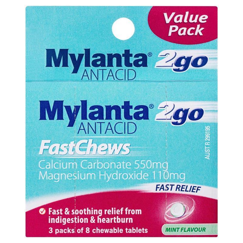 Mylanta 2Go Antacid FastChews Tablets Mint 3 x 8 Pack