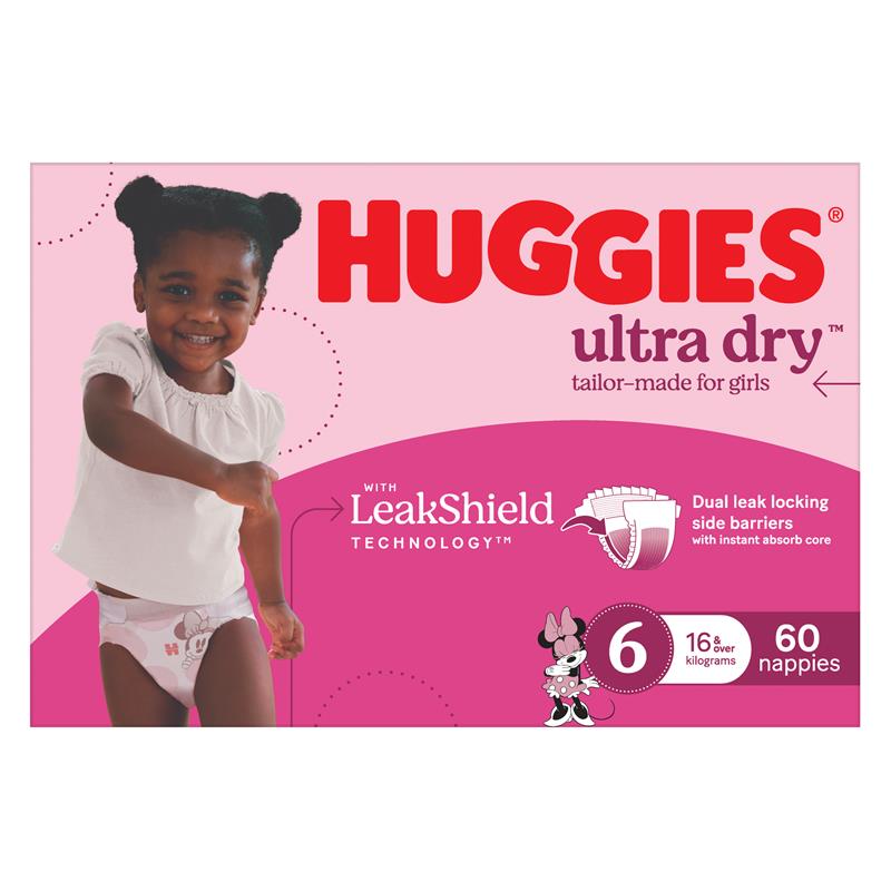 Huggies Ultra Dry Nappies Girls Size 6 (16kg+) 60 Pack