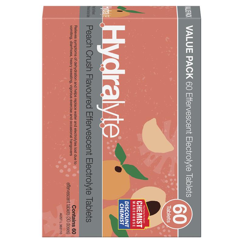 Hydralyte Electrolyte Effervescent Peach Crush 60 Tablets Exclusive Size