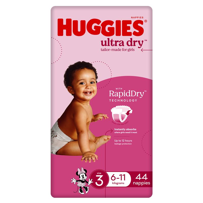 Huggies Ultra Dry Nappies Size 3 Girl 6-11kg Bulk 44 Pack