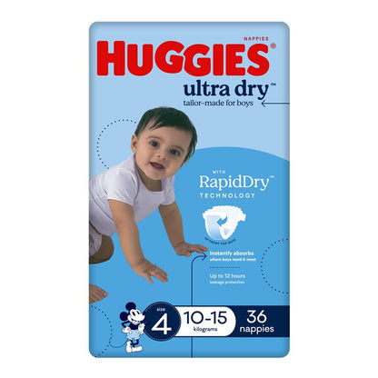 Huggies Ultra Dry Nappies Size 4 Boy 10-15kg Bulk 36 Pack