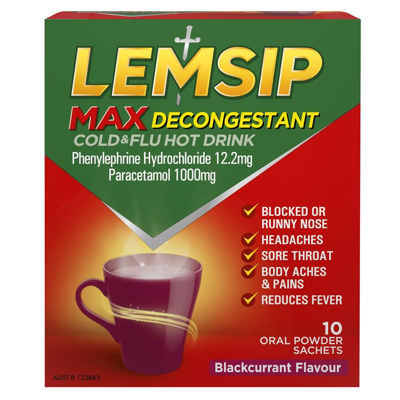 Lemsip Max Cold & Flu Hot Drink with Decongestant Blackcurrant 10 Sachets