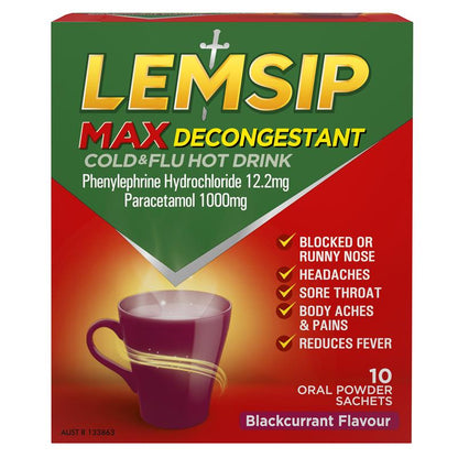 Lemsip Max Cold & Flu Hot Drink with Decongestant Blackcurrant 10 Sachets