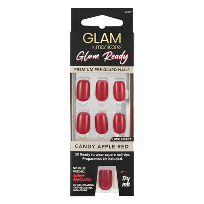Glam By Manicare Glam Ready Pre-Glued Nails Candy Apple Red 30 Pieces