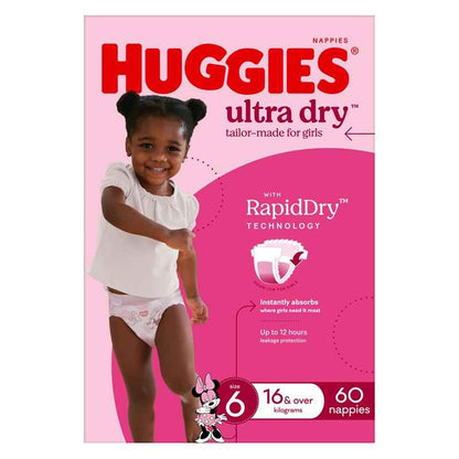Huggies Ultra Dry Nappies Girl Size 6 Jumbo 60 Pack