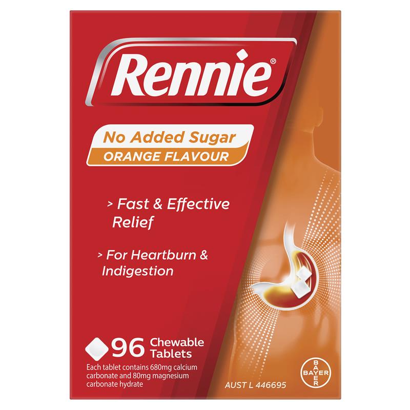 Rennie No Added Sugar Indigestion and Heartburn Relief Orange 96 Chewable Tablets