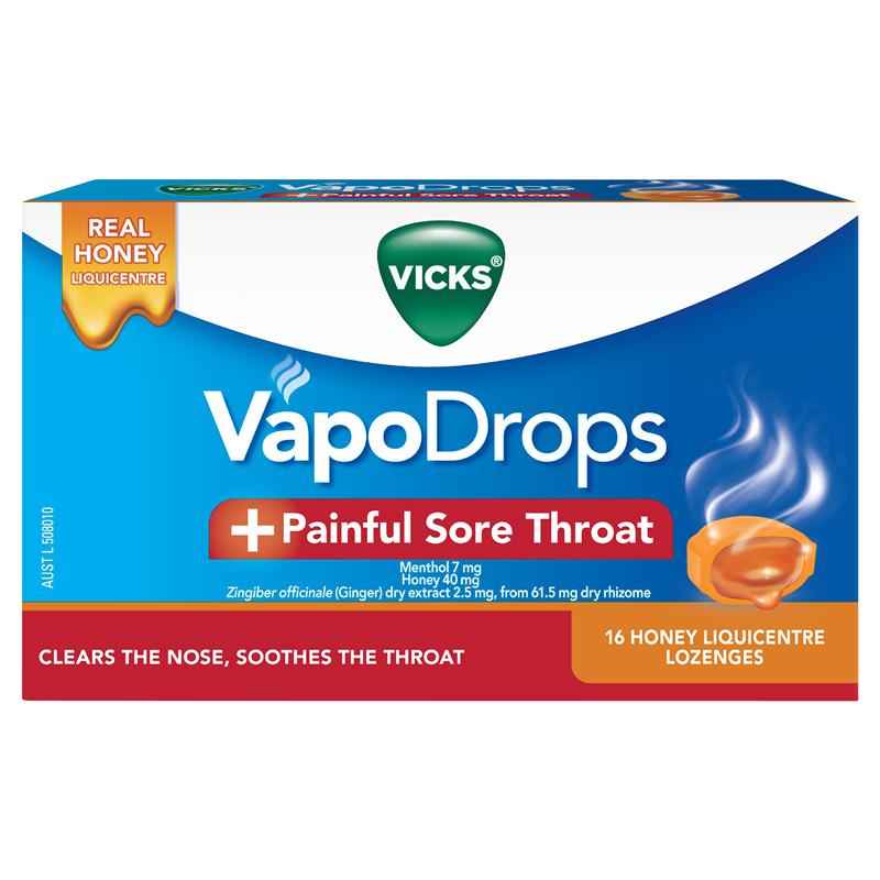 Vicks VapoDrops + Painful Sore Throat Honey 16 Lozenges